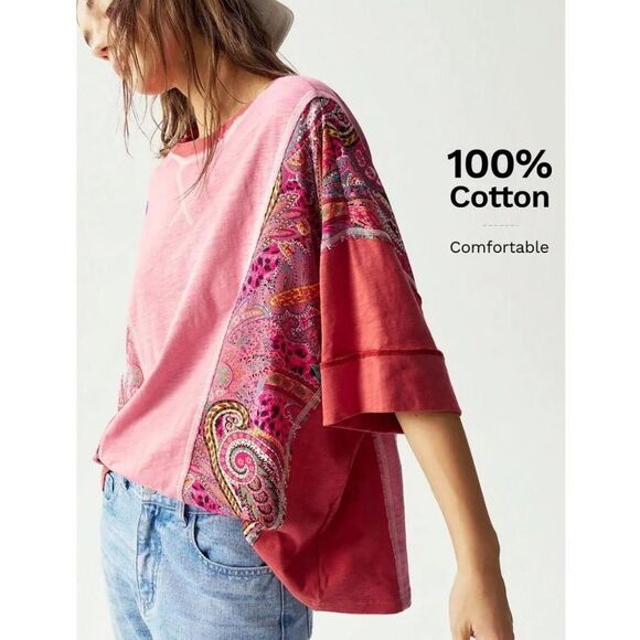 NWT Bohemian Oversized T-Shirt Pink Paisley Size Large - Picture 1 of 10